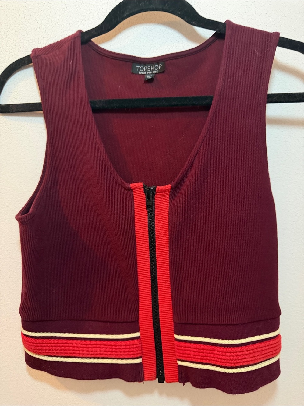 Topshop Ribbed Burgundy Crop Tank with Red Zip and Stripe Detail